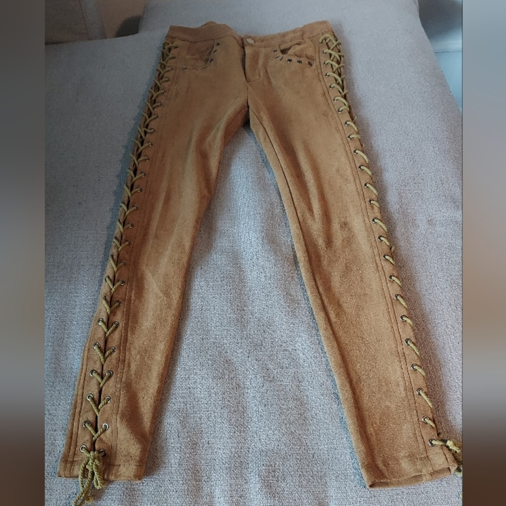LENNI Mustord Brown Faux Suede Lace-Up Studded Stretch Pants Sz-4